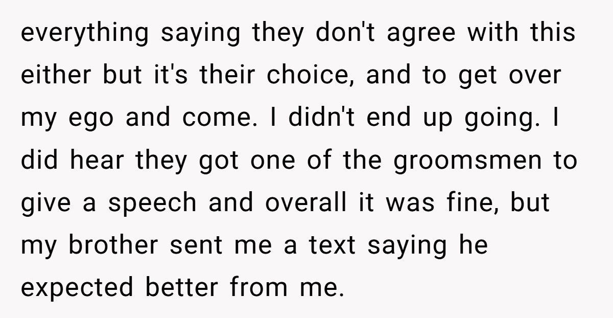 Brother Drops Out As Best Man After Groom Treats His Wife Like A Child