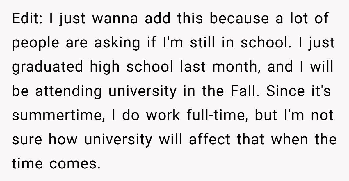 Parents Demand $650 Rent From 18-Year-Old Daughter While Stepbrother Lives Free