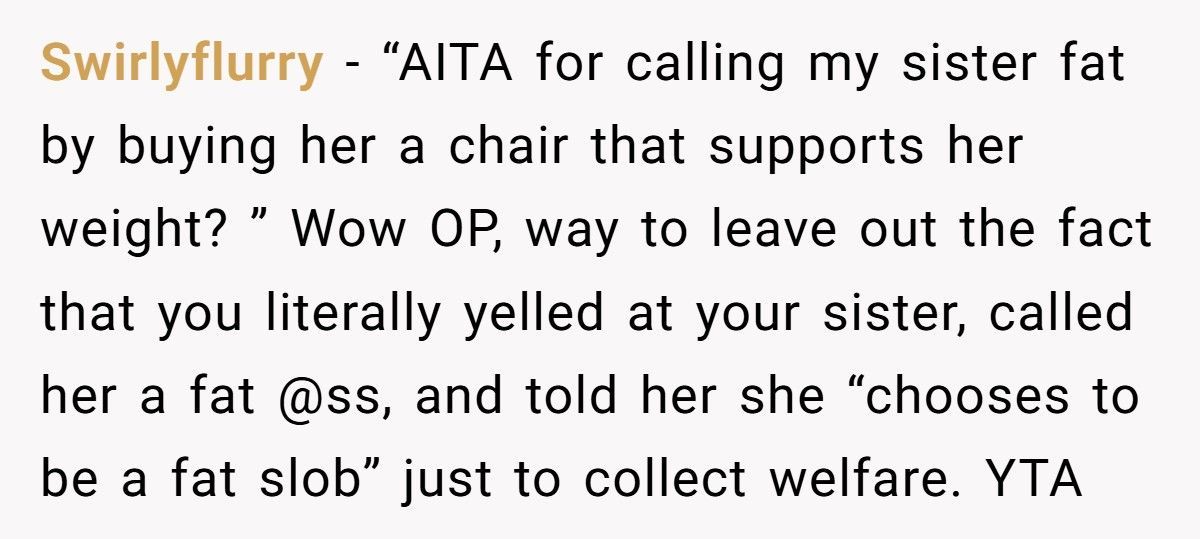 Woman Buys $100 Chair For Her Sister, Sister Accuses Her Of Calling Her Fat