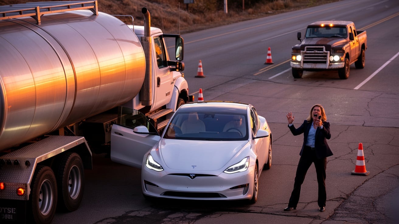 Fuel Truck Driver Blocked by Tesla Driver - So He Made Her Wait an Hour Before She Crashed Her Car Fuel Truck Driver Blocked by Tesla Driver - So He Made Her Wait an Hour Before She Crashed Her Car