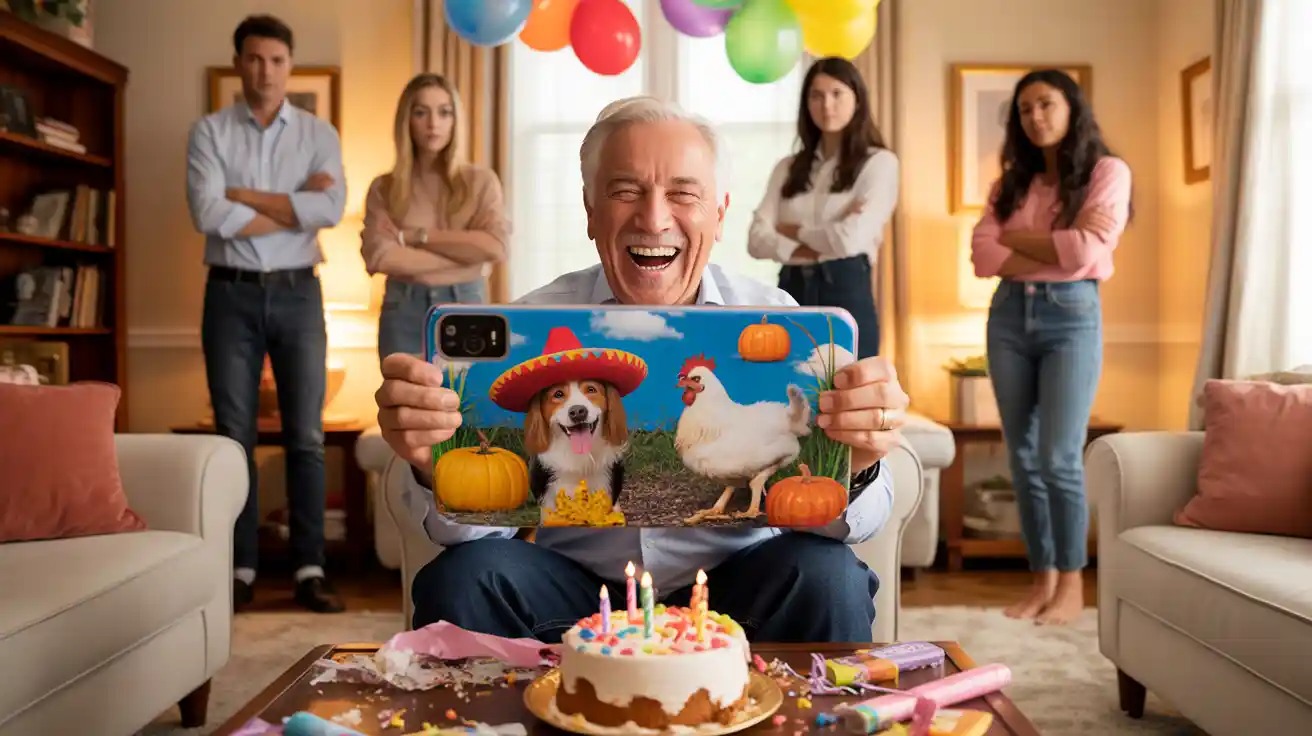 Family Erupts After Man Replaces His Lazy Cousins’ Photos with His Dog on Grandpa’s Birthday Gift