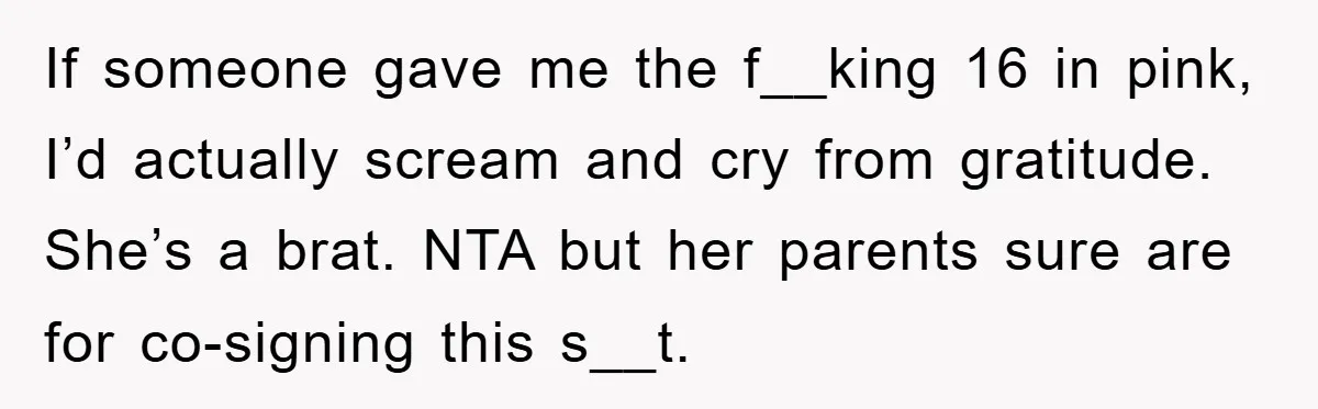 If someone gave me the f__king 16 in pink, I’d actually scream and cry from gratitude. She’s a brat. NTA but her parents sure are for co-signing this s__t.