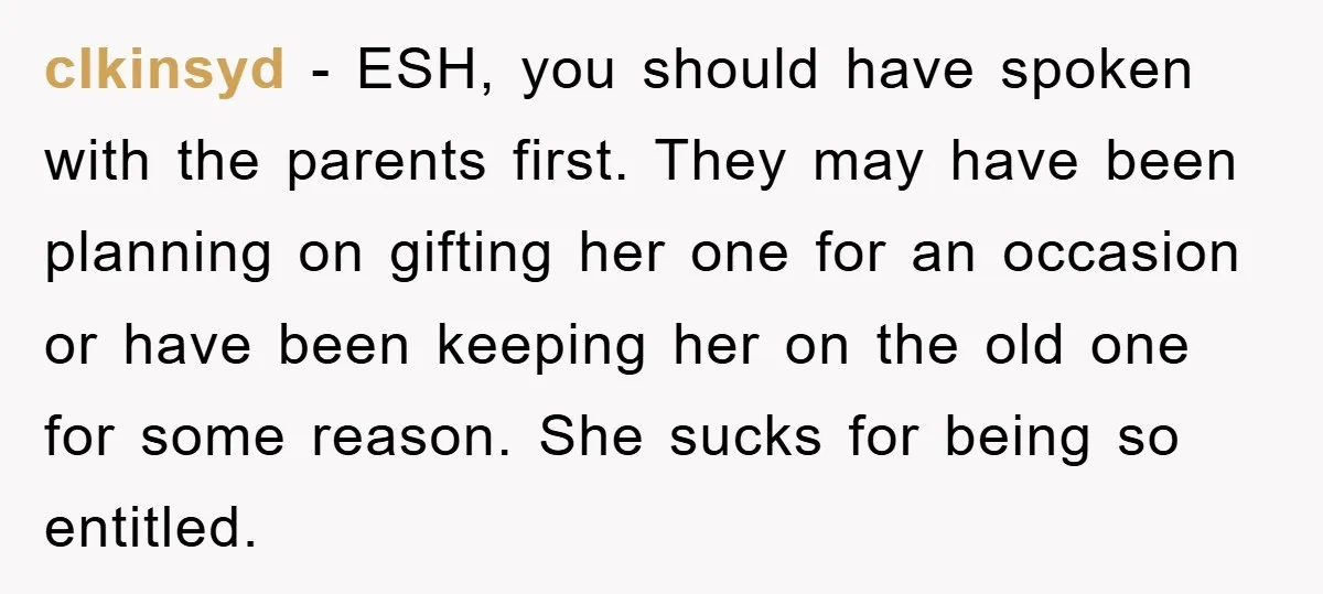clkinsyd − ESH, you should have spoken with the parents first. They may have been planning on gifting her one for an occasion or have been keeping her on the...