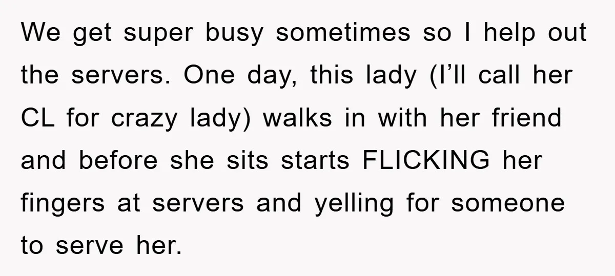 We get super busy sometimes so I help out the servers. One day, this lady (I’ll call her CL for crazy lady) walks in with her friend and before she...