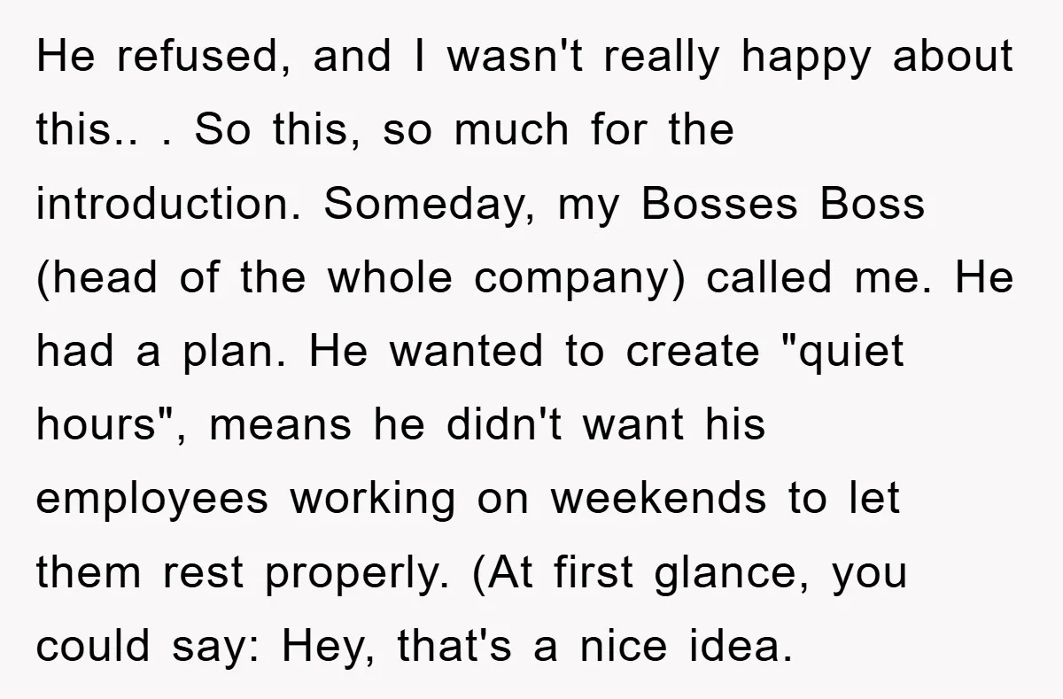 He refused, and I wasn't really happy about this.. ​. So this, so much for the introduction. Someday, my Bosses Boss (head of the whole company) called me. He had...