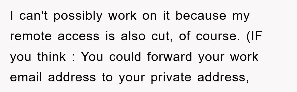 I can't possibly work on it because my remote access is also cut, of course. (IF you think : You could forward your work email address to your private address,