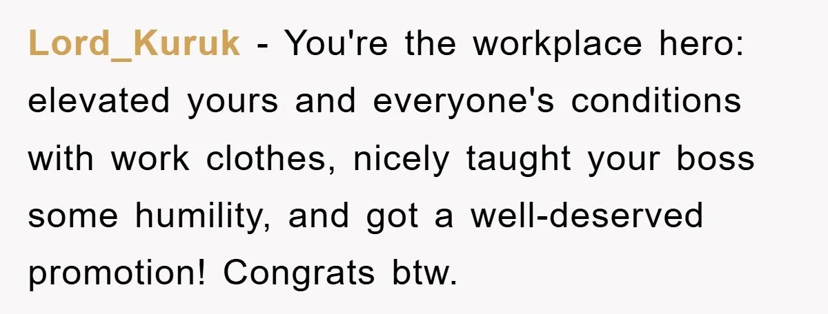 Lord_Kuruk − You're the workplace hero: elevated yours and everyone's conditions with work clothes, nicely taught your boss some humility, and got a well-deserved promotion! Congrats btw.
