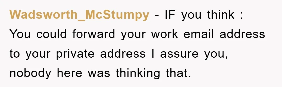 Wadsworth_McStumpy − IF you think : You could forward your work email address to your private address I assure you, nobody here was thinking that.