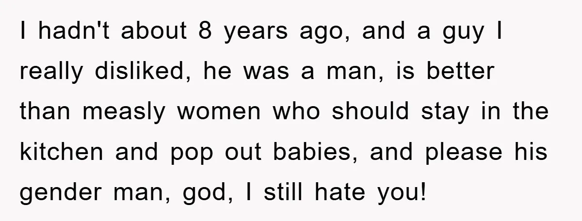 I hadn't about 8 years ago, and a guy I really disliked, he was a man, is better than measly women who should stay in the kitchen and pop out...
