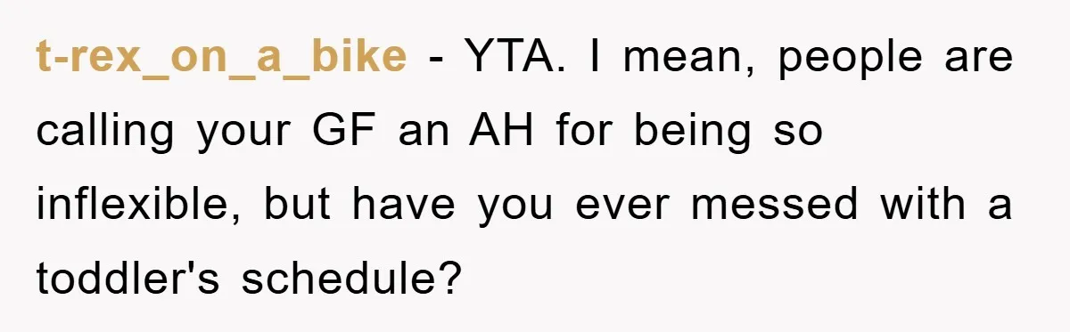 t-rex_on_a_bike − YTA. I mean, people are calling your GF an AH for being so inflexible, but have you ever messed with a toddler's schedule?