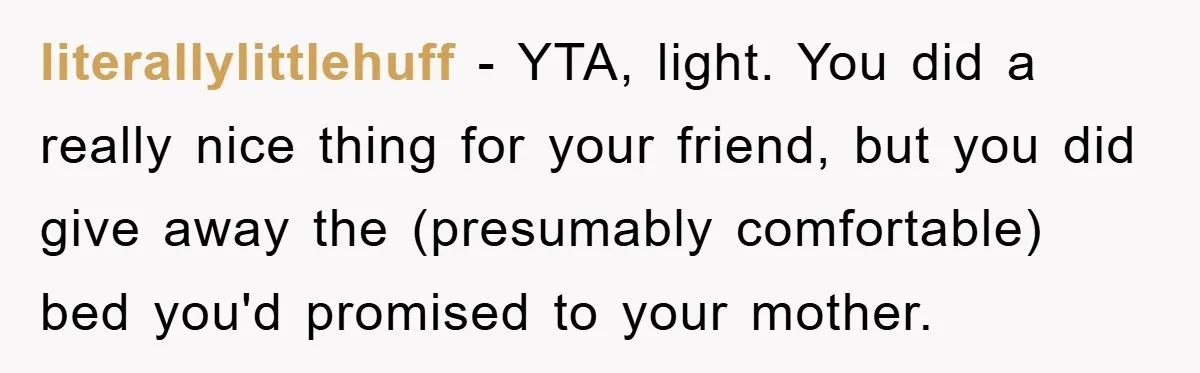 literallylittlehuff − YTA, light. You did a really nice thing for your friend, but you did give away the (presumably comfortable) bed you'd promised to your mother.