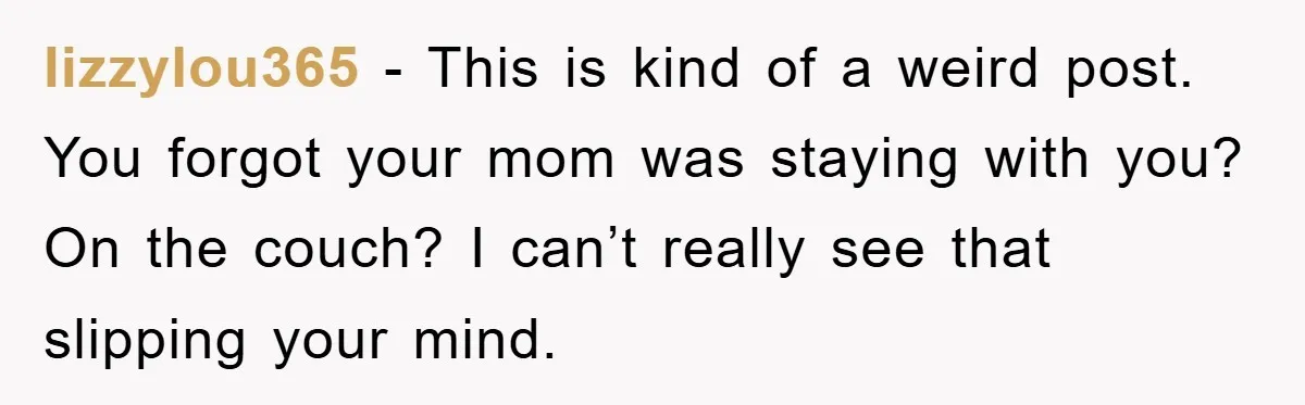 lizzylou365 − This is kind of a weird post. You forgot your mom was staying with you? On the couch? I can’t really see that slipping your mind.