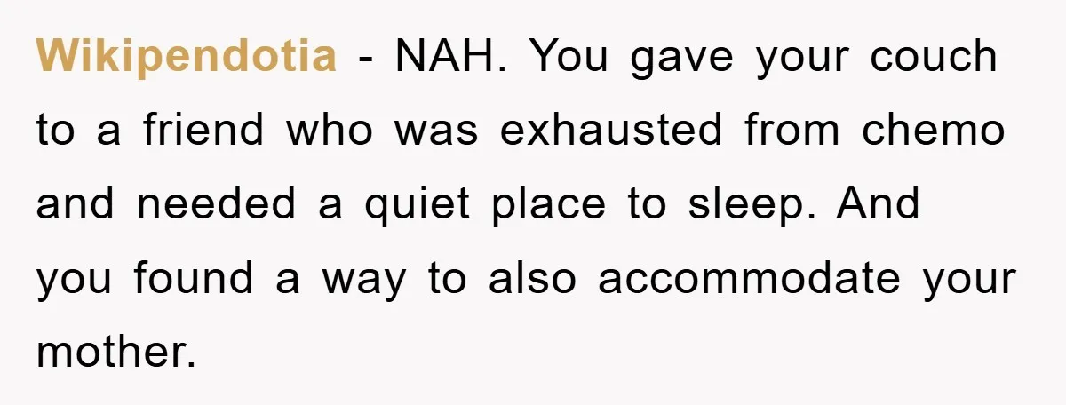 Wikipendotia − NAH. You gave your couch to a friend who was exhausted from chemo and needed a quiet place to sleep. And you found a way to also accommodate...