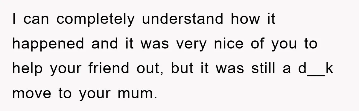 I can completely understand how it happened and it was very nice of you to help your friend out, but it was still a d__k move to your mum.