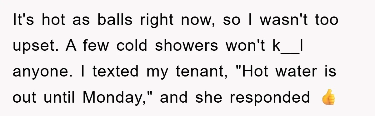 It's hot as balls right now, so I wasn't too upset. A few cold showers won't k__l anyone. I texted my tenant, "Hot water is out until Monday," and she...