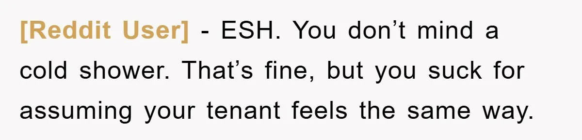 [Reddit User] − ESH. You don’t mind a cold shower. That’s fine, but you suck for assuming your tenant feels the same way.