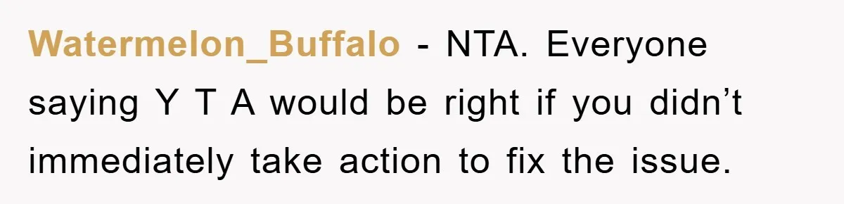 Watermelon_Buffalo − NTA. Everyone saying Y T A would be right if you didn’t immediately take action to fix the issue.