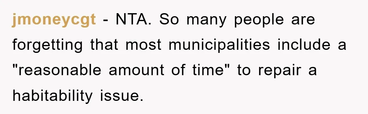 jmoneycgt − NTA. So many people are forgetting that most municipalities include a "reasonable amount of time" to repair a habitability issue.