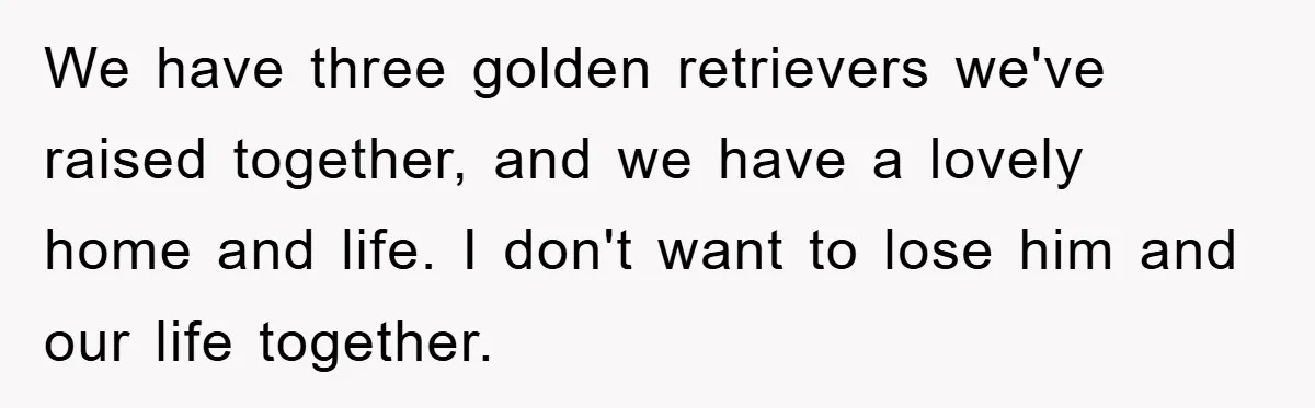 We have three golden retrievers we've raised together, and we have a lovely home and life. I don't want to lose him and our life together.