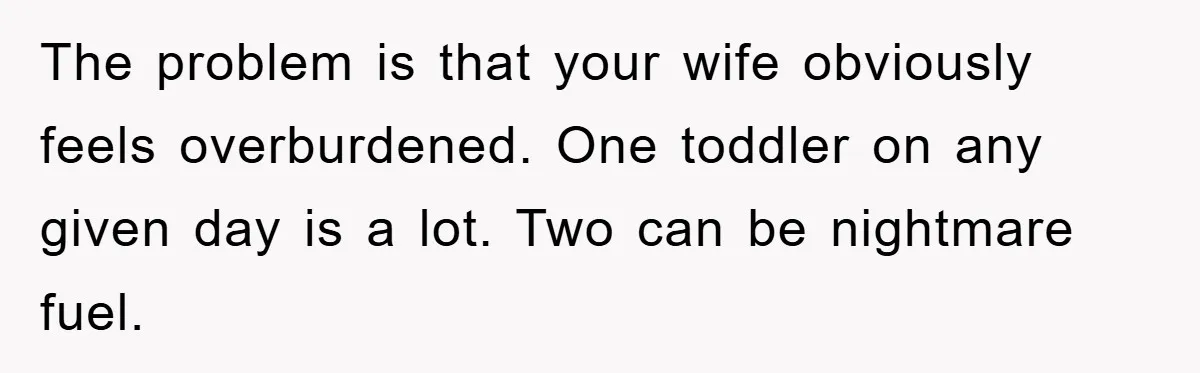 The problem is that your wife obviously feels overburdened. One toddler on any given day is a lot. Two can be nightmare fuel.