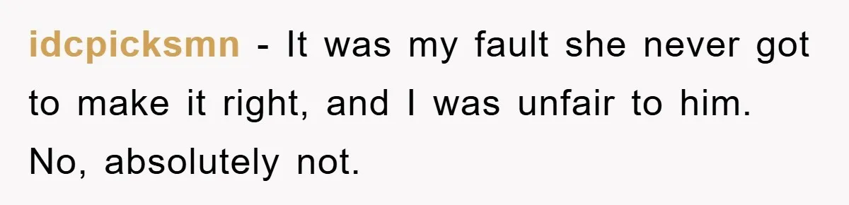 idcpicksmn − It was my fault she never got to make it right, and I was unfair to him. No, absolutely not.