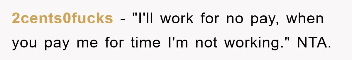 2cents0fucks − "I'll work for no pay, when you pay me for time I'm not working." NTA.