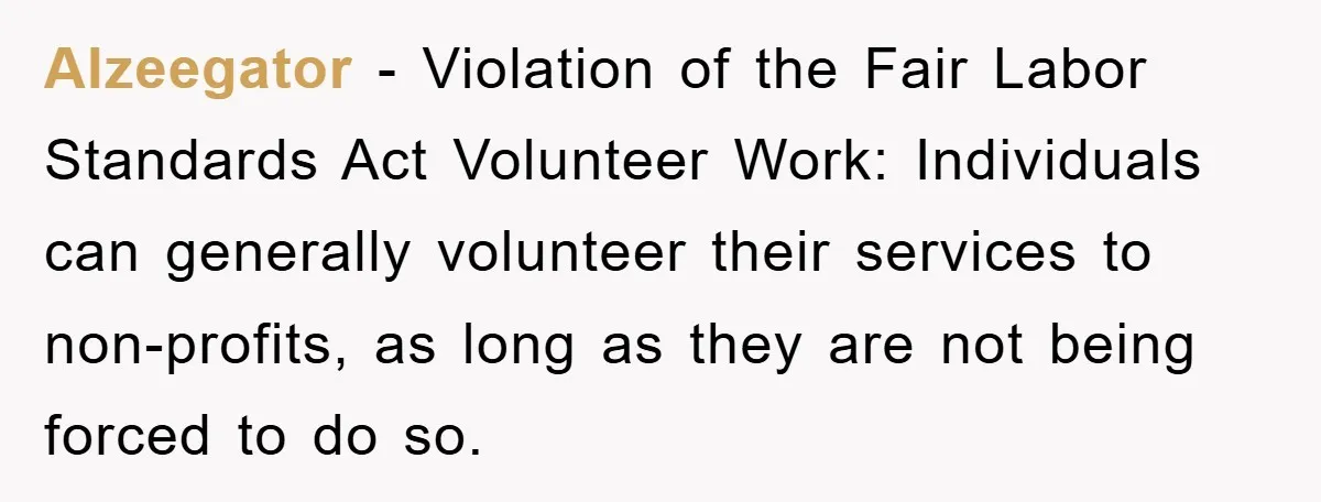 Alzeegator − Violation of the Fair Labor Standards Act Volunteer Work: Individuals can generally volunteer their services to non-profits, as long as they are not being forced to do so.