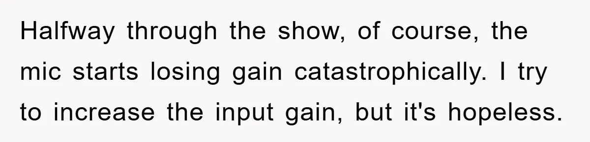 Halfway through the show, of course, the mic starts losing gain catastrophically. I try to increase the input gain, but it's hopeless.
