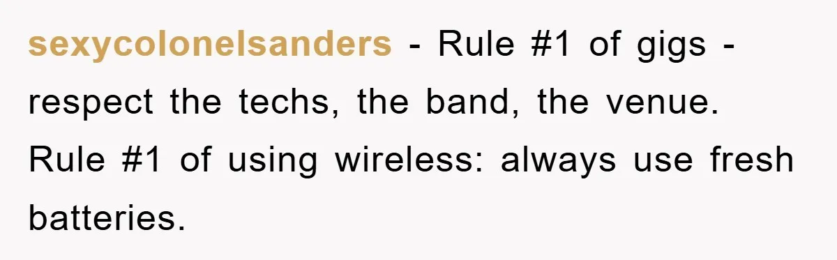 sexycolonelsanders − Rule #1 of gigs - respect the techs, the band, the venue. Rule #1 of using wireless: always use fresh batteries.