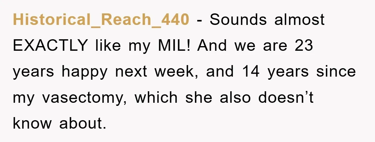 Historical_Reach_440 − Sounds almost EXACTLY like my MIL! And we are 23 years happy next week, and 14 years since my vasectomy, which she also doesn’t know about.