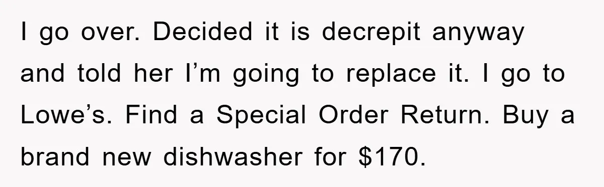 I go over. Decided it is decrepit anyway and told her I’m going to replace it. I go to Lowe’s. Find a Special Order Return. Buy a brand new dishwasher...