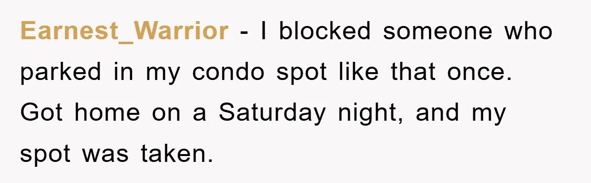 Earnest_Warrior − I blocked someone who parked in my condo spot like that once. Got home on a Saturday night, and my spot was taken.