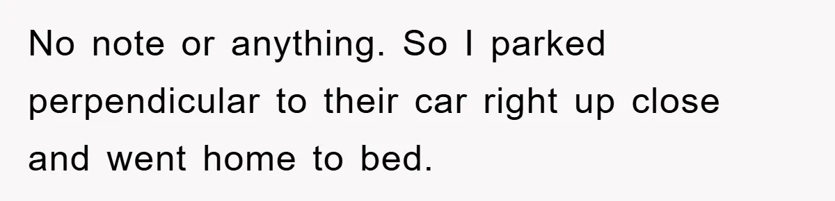 No note or anything. So I parked perpendicular to their car right up close and went home to bed.