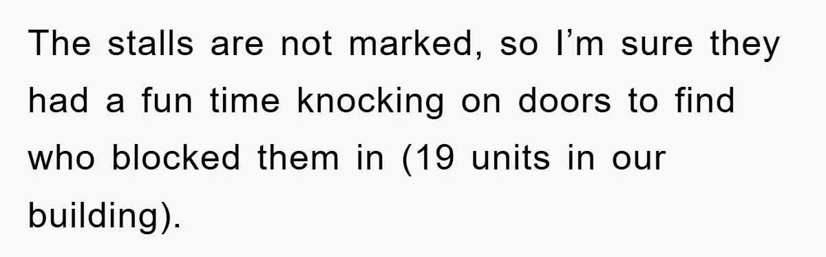 The stalls are not marked, so I’m sure they had a fun time knocking on doors to find who blocked them in (19 units in our building).