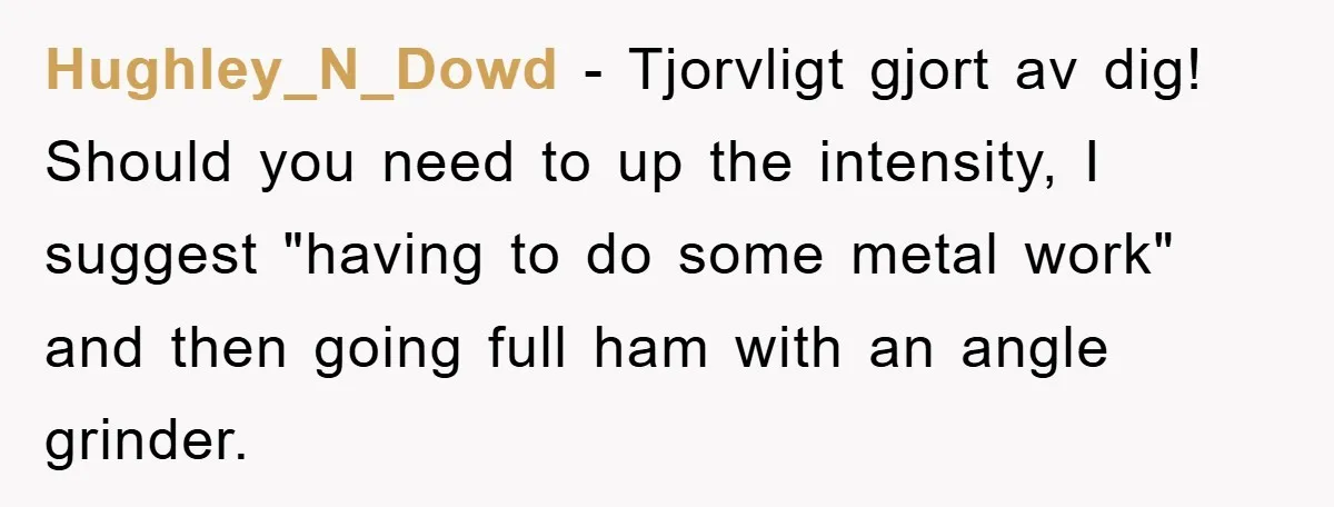 Bought Neighbor’s Dream House, Revenge With Noise Hughley_N_Dowd − Tjorvligt gjort av dig! Should you need to up the intensity, I suggest "having to do some metal work" and then going full ham with an angle grinder.
