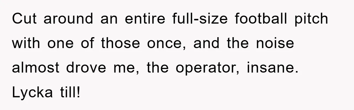 Bought Neighbor’s Dream House, Revenge With Noise Cut around an entire full-size football pitch with one of those once, and the noise almost drove me, the operator, insane. Lycka till!