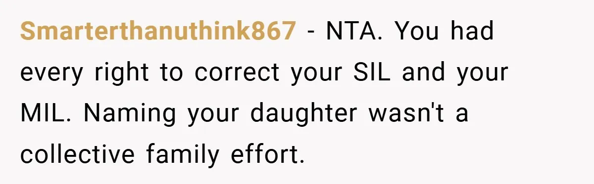 Smarterthanuthink867 − NTA. You had every right to correct your SIL and your MIL. Naming your daughter wasn't a collective family effort.