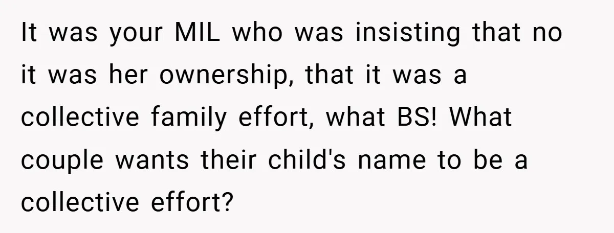 It was your MIL who was insisting that no it was her ownership, that it was a collective family effort, what BS! What couple wants their child's name to be...