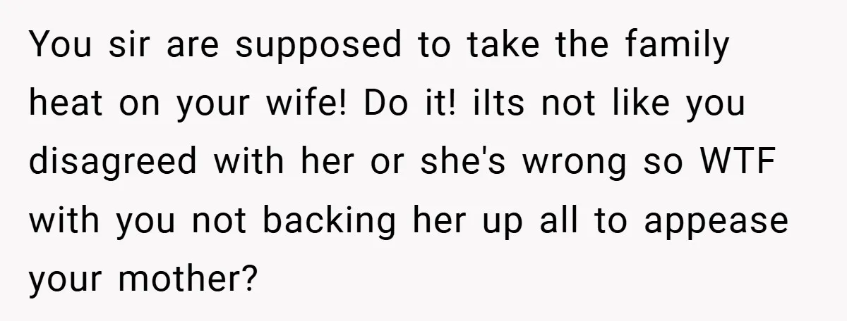 You sir are supposed to take the family heat on your wife! Do it! iIts not like you disagreed with her or she's wrong so WTF with you not backing...