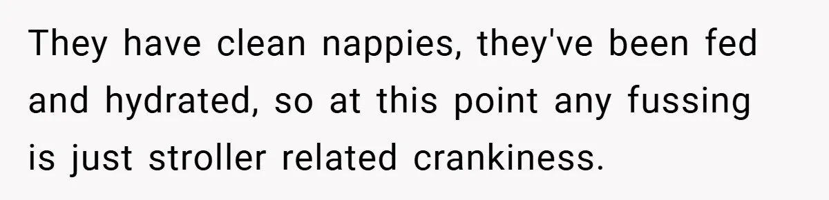 They have clean nappies, they've been fed and hydrated, so at this point any fussing is just stroller related crankiness.