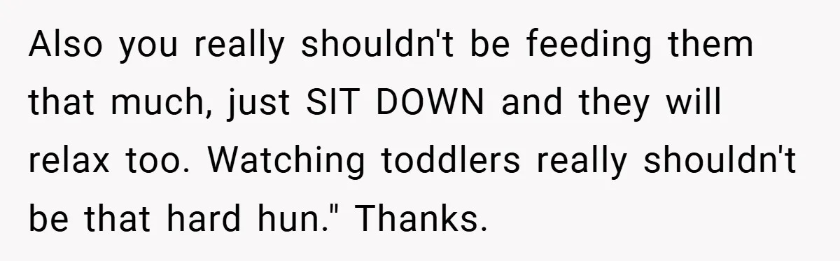 Also you really shouldn't be feeding them that much, just SIT DOWN and they will relax too. Watching toddlers really shouldn't be that hard hun." Thanks.