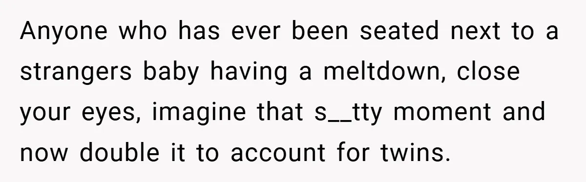 Anyone who has ever been seated next to a strangers baby having a meltdown, close your eyes, imagine that s__tty moment and now double it to account for twins.