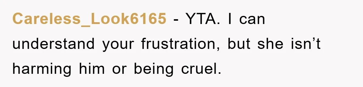 Careless_Look6165 − YTA. I can understand your frustration, but she isn’t harming him or being cruel.