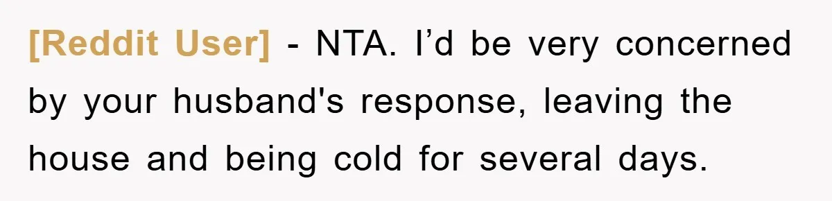 [Reddit User] − NTA. I’d be very concerned by your husband's response, leaving the house and being cold for several days.