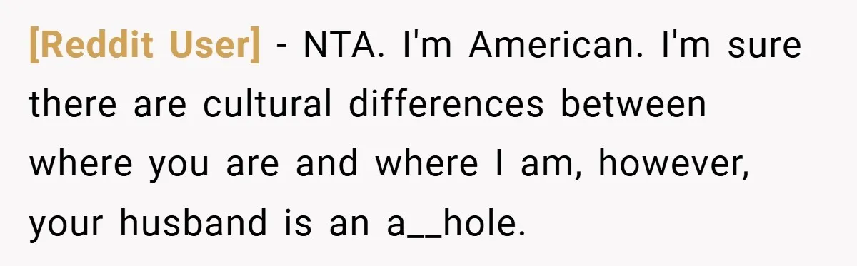 [Reddit User] − NTA. I'm American. I'm sure there are cultural differences between where you are and where I am, however, your husband is an a__hole.