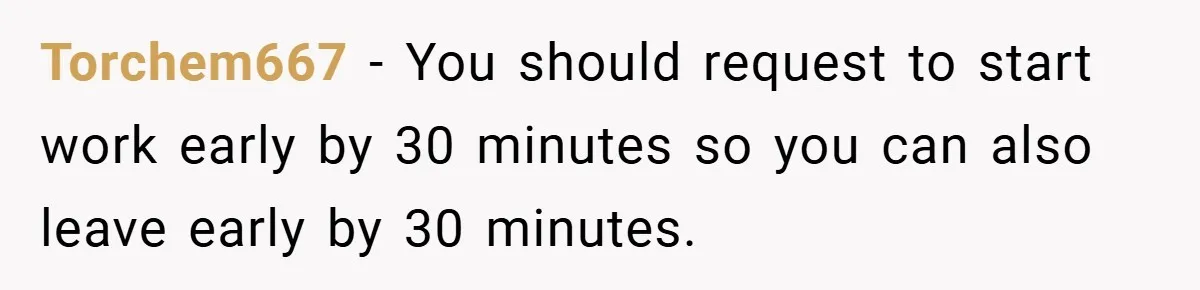 Torchem667 − You should request to start work early by 30 minutes so you can also leave early by 30 minutes.