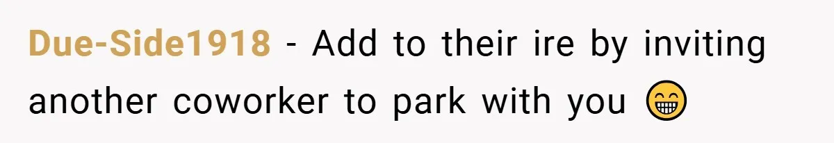 Due-Side1918 − Add to their ire by inviting another coworker to park with you 😁