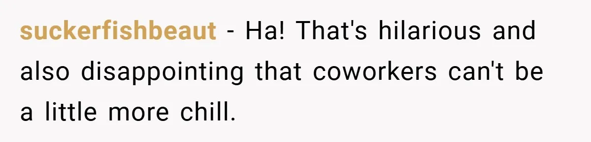 suckerfishbeaut − Ha! That's hilarious and also disappointing that coworkers can't be a little more chill.