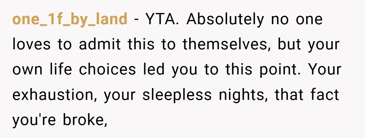 one_1f_by_land − YTA. Absolutely no one loves to admit this to themselves, but your own life choices led you to this point. Your exhaustion, your sleepless nights, that fact you're...