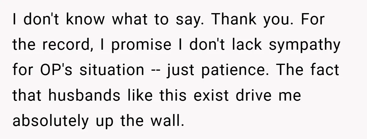 I don't know what to say. Thank you. For the record, I promise I don't lack sympathy for OP's situation -- just patience. The fact that husbands like this exist...